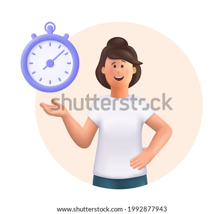 Young woman Jane standing, smiling, pointing to timer. Time set, timing, self organization, day planning, time management concept. 3d vector people character illustration.