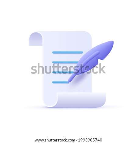 Copywriting, writing icon. Document and feather pen. Creative writing and storytelling, education concept. Writing education concept. 3d vector illustration. 