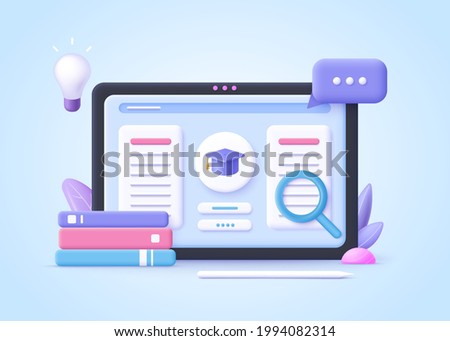 Concept of e-learning, online education at home.  3d realistic vector illustration.