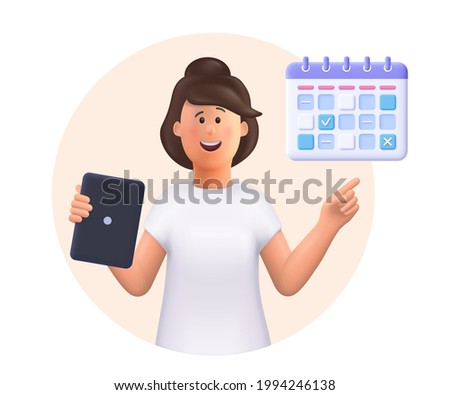 Young woman Jane holding tablet, showing plan schedule, planning day scheduling appointment in calendar application. Business planning ,events, reminder and timetable.3d vector people illustration.