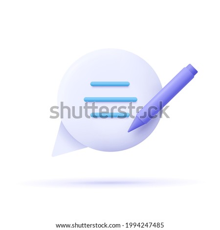 Copywriting, writing icon. Document concept. Speech bubble, text and pencil. 3d vector illustration. 