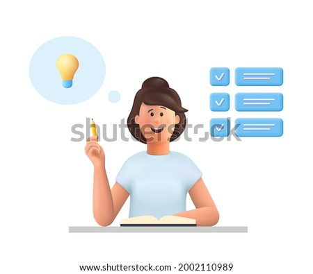 Young woman Jane sitting at table workplace thinking, working on the task. Task, idea concept. 3d vector people character illustration.