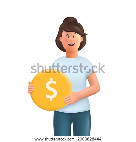 Young woman Jane holding a gold coin. Earning money, increasing capital, the pursuit of money, capital gains, cash gains concept. 3d vector people character illustration. 