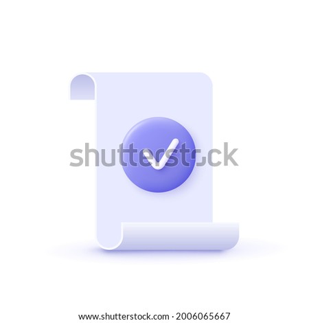 Approval icon, document accredited, authorized agreement, accreditation symbol with checkmark. 3d vector illustration. 