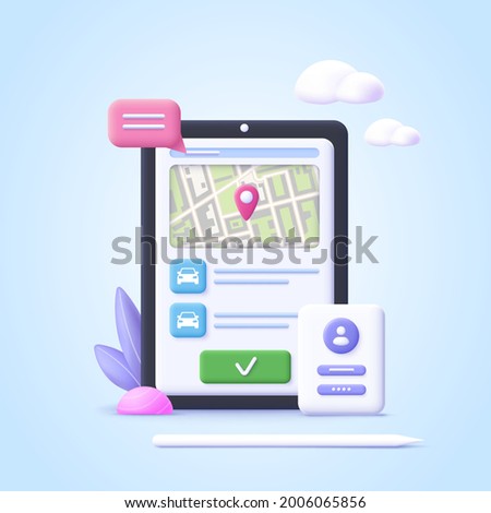 Concept of online car sharing service, ordering taxi car, rent.  Smartphone app. Phone with location mark and smart car. 3d realistic vector illustration.