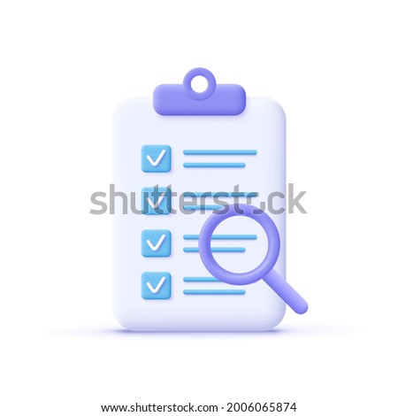 Successfully complete business assignments icon. Magnifying glass with a checklist on clipboard paper. 3d vector illustration.