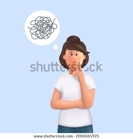 Young woman Jane with tangled thoughts.  Business problem solving concept, online communication problem and question resolution. 3d vector people character illustration.