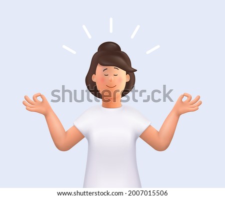 Young woman Jane meditating. Meditation practice. Concept of zen, harmony, yoga, meditation, relax, recreation, healthy lifestyle. 3d vector people character illustration. Foto stock © 