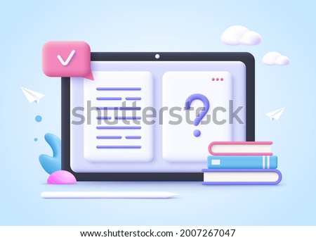 Concept of online education. Book pages and question mark, learning resources, study course, exam preparation, review knowledge, short summary, write essay. 3d realistic vector illustration.
  Foto d'archivio © 