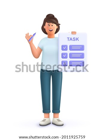 Young woman Jane with tasks on paper sheets, planning schedule to finish task on time. Deadline, assignments scheduling, work process organization concept. 3d vector people character illustration.