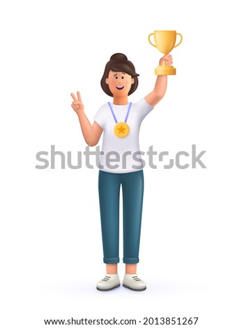 Young woman Jane champion holds golden winner cup, awarded with prize, win award. Concept of goal achievement celebration. 3d vector people character illustration.
