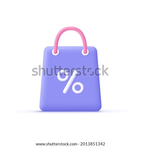 3d cartoon shopping bag with percent sign. Online shopping, sale promotion, discount concept. 3d vector illustration icon.