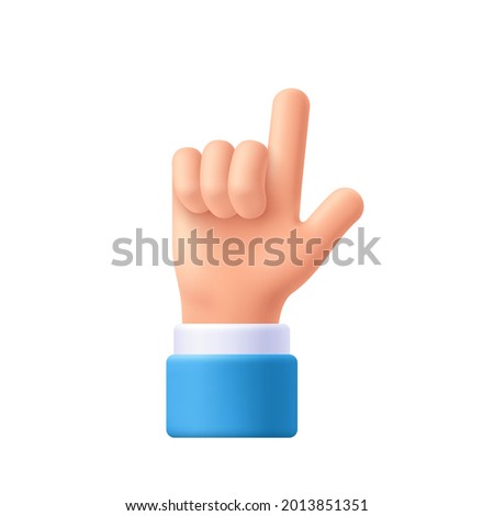Cartoon character hand pointing gesture. Show one finger, index finger. Indicating, showing something above. 3d emoji vector illustration.  