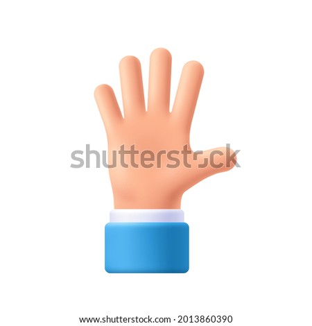 Cartoon character hand goodwill gesture. Open outstretched hand, showing five fingers, extended in greeting. 3d emoji vector illustration.  