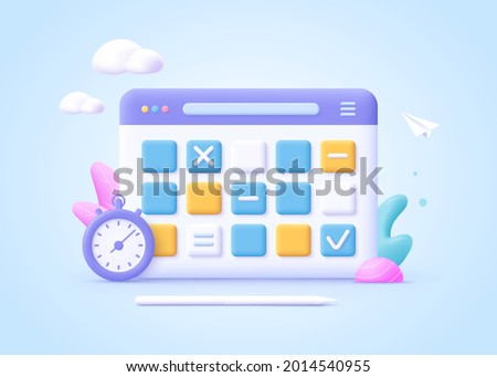 Concept of work planning, daily routine. Whiteboard with schedule plans. 3d cartoon vector illustration.