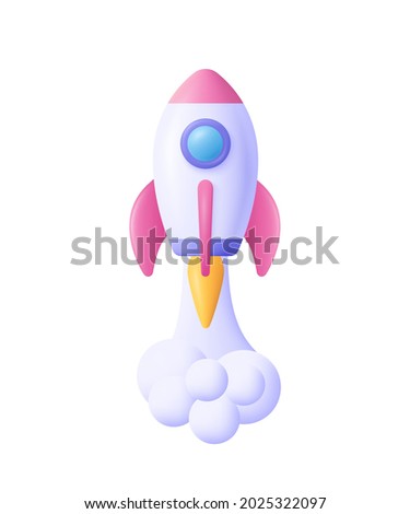 3d cartoon style minimal spaceship rocket icon. Toy rocket upswing ,spewing smoke. Startup, space, business concept.  商業照片 © 