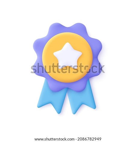 Winner medal with star and ribbon. 3d vector icon. Cartoon minimal style. Premium quality, quality guarantee symbol.