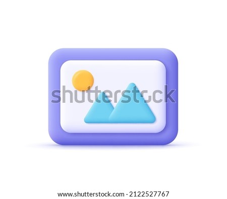 Image, photo, jpg file. Mountains and sun landscape. Picture in a frame. 3d vector icon. Cartoon minimal style. 商業照片 © 