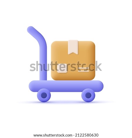 Package dolly, hand truck dolly, trolley with cardboard box. Transportation, warehousing, delivery service and logistics concept.3d vector icon. Cartoon minimal style.