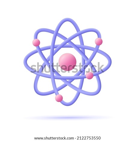 Atom, orbital electrons. Nuclear energy, scientific research, molecular chemistry, physics science concept. 3d vector icon. Cartoon minimal style.