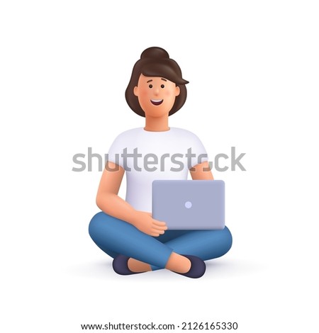 Young smiling woman Jane sitting with crossed legs, holding laptop. Freelance, studying, online education, work at home, work concept. 3d vector people character illustration. Cartoon minimal style.