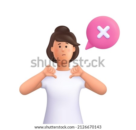 Young smiling woman Jane gesturing with thumb down. Non-verbal communication, dislike, disagreement, disgust and negative expressions. 3d vector people character illustration.Cartoon minimal style.