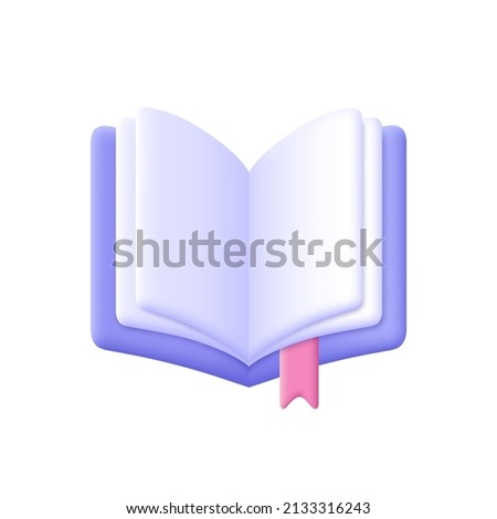 Open book, diary with white paper blank pages and bookmark. 3d vector icon. Cartoon minimal style.
