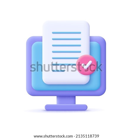 Document file with approved check mark on computer screen. 3d vector icon. Cartoon minimal style.