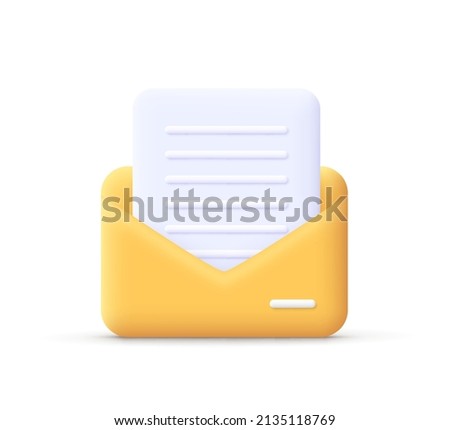 Open envelope with note paper card, mail. Postal message, post mail, email, business document, correspondence concept.3d vector icon. Cartoon minimal style.