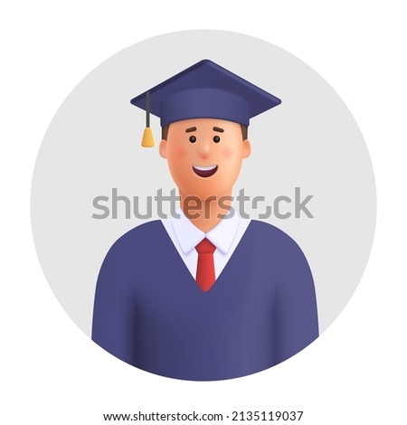 Smiling graduate student wearing academic robe and graduation cap. 3d vector people character illustration.Cartoon minimal style.