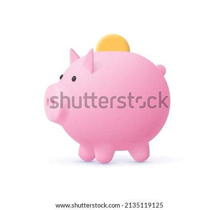 Piggy bank with coin. Money saving, banking, finance, economy, investment concept. 3d vector icon. Cartoon minimal style.