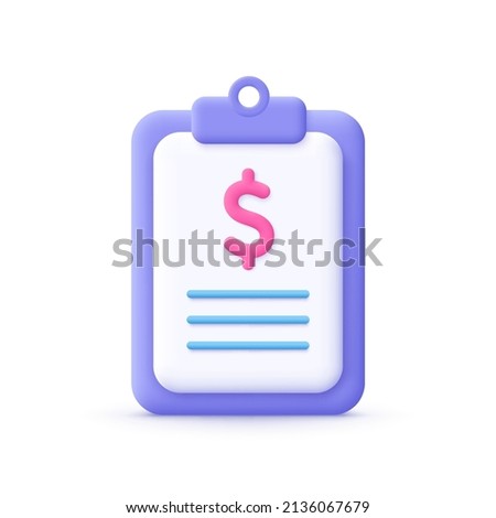 Paper document, clipboard with money sign. Tax form, invoice, contract. 3d vector icon. Cartoon minimal style.