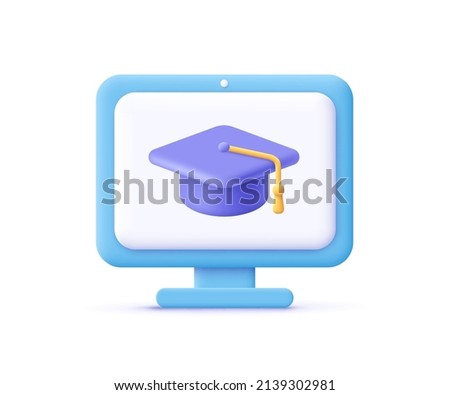 Computer monitor display and graduation cap. Online education, e-learning, online training, workshops and courses. 3d vector icon. Cartoon minimal style.