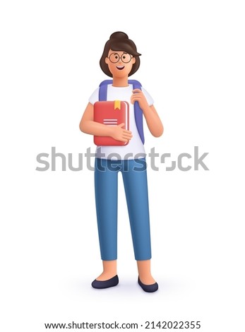 Young smiling college or university student with backpack holding book. Study, education, back to school, knowledge concept. 3d vector people character illustration.Cartoon minimal style.