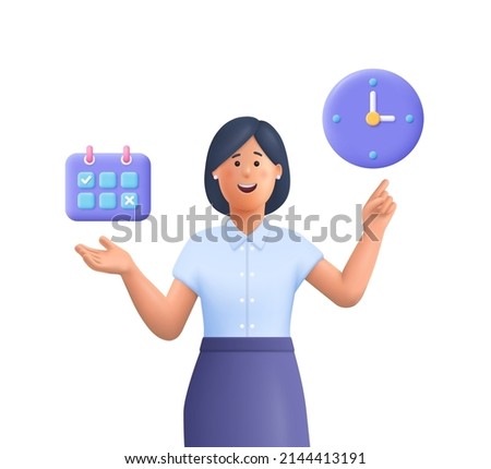 Young smiling business woman pointing to calendar and clock.Time management, timing, self organization, business planning concept. 3d vector people character illustration.Cartoon minimal style.