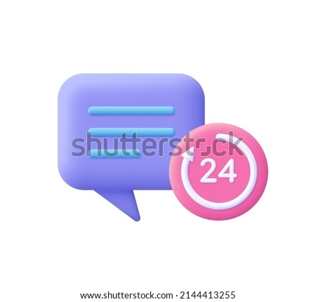 Speech bubble and 24 hours watch with arrow. Support service, help, chatting, working hours concept. 3d vector icon. Cartoon minimal style.