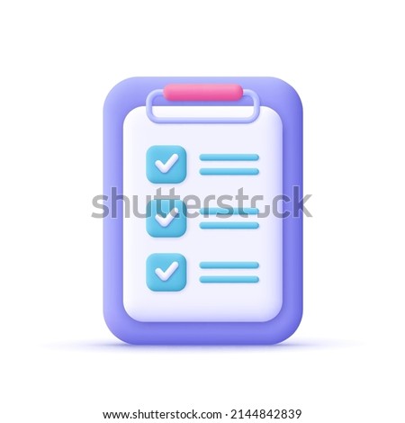 Clipboard with checklist, todo check list. Business, education, task management and productivity concept. 3d vector icon. Cartoon minimal style.