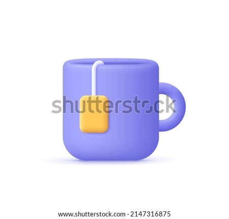 Cup of tea or mug with tea bag. Tea time, breakfast concept. 3d vector icon. Cartoon minimal style.