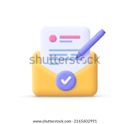 Envelope with letter, pencil and check mark. 3d vector icon. Mail message, signed deal contract concept. Cartoon minimal style.