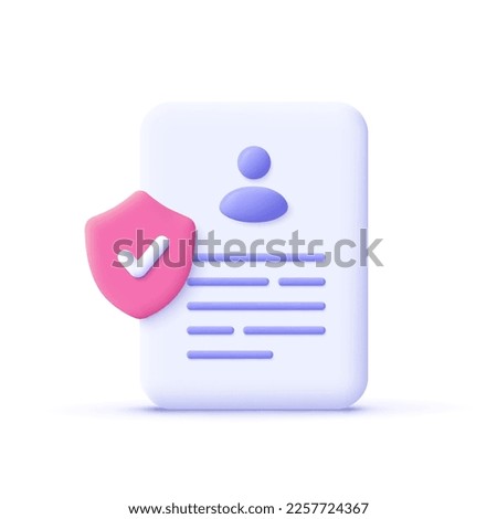 Document with shield and check mark. Health insurance, document security , data protection, finance and medical service concept. 3d vector icon. Cartoon minimal style.
