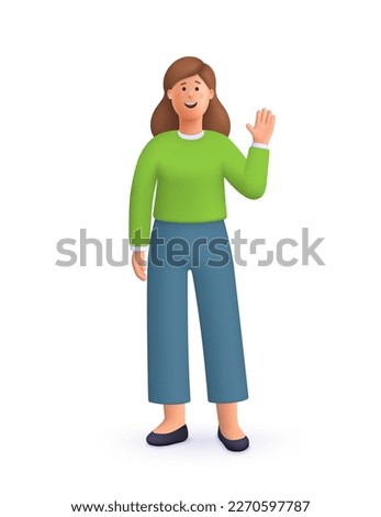 Young smiling woman standing with greeting gesture, saying Hello, Hi or Bye and waving with hand.. 3d vector people character illustration. Cartoon minimal style.
