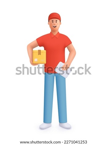 Delivery courier man in red uniform holding package box. Safe delivery of goods concept. 3d vector people character illustration. Cartoon minimal style.