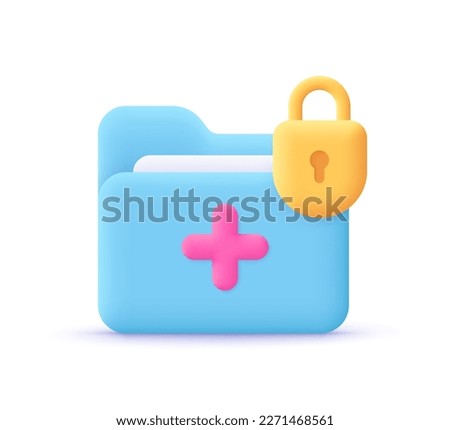 Medical folder with patient history file and lock. Medical data and documents security, patient data protection concept. 3d vector icon. Cartoon minimal style.