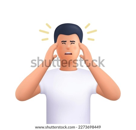 Young man in stress, holding hands on head. Migraine, stress, headache concept. 3d vector people character illustration. Cartoon minimal style.