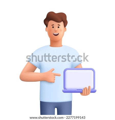 Young smilin man holding and pointing at blank screen laptop computer. Distance and e-learning education concept. 3d vector people character illustration. Cartoon minimal style.