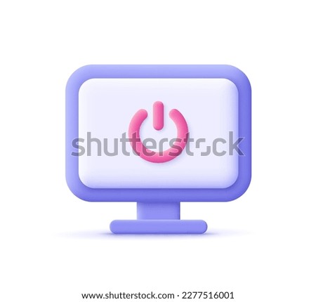 Power button icon on desktop computer monitor screen. System shutdown. 3d vector icon. Cartoon minimal style.