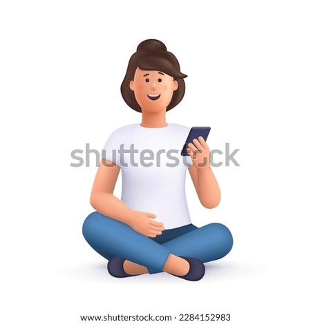 Young smiling woman sitting cross legged and holding smartphone. 
3d vector people character illustration. Cartoon minimal style.