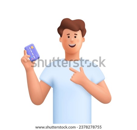 Young smiling man holding and pointing to credit debit card or digital payment card. Payment, banking and shopping concept. 3d vector people character illustration. Cartoon minimal style.