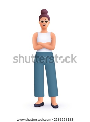 Young smiling woman standing with crossed arms pose and with sunglasses. 3d vector people character illustration. Cartoon minimal style.