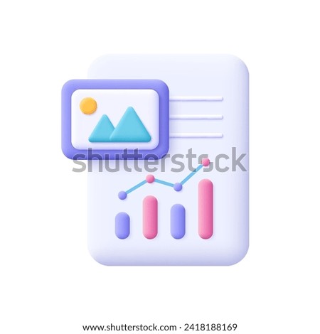 Papers with data analytics and jpg file. Business bar chart report, statistical business infographic document. 3d vector icon. Cartoon minimal style.